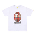 White BAPE T-shirt with plaid camo logo graphic on front