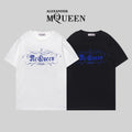 Two Alexander McQueen T-shirts, white/black, blue McQueen logo front