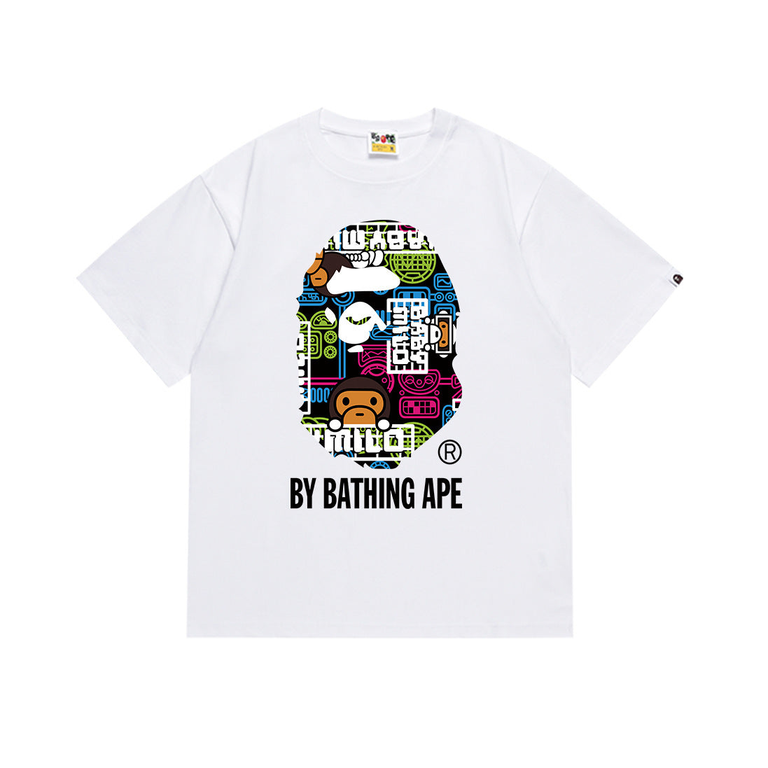 White T-shirt with colorful Bape ape face graphic and text BY BATHING APE