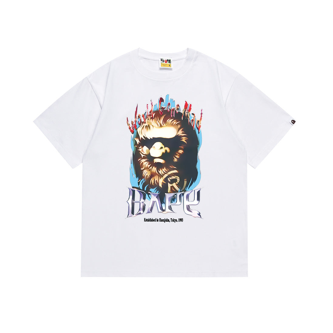 White crew-neck T-shirt with colorful animal graphic and BAPE logo print