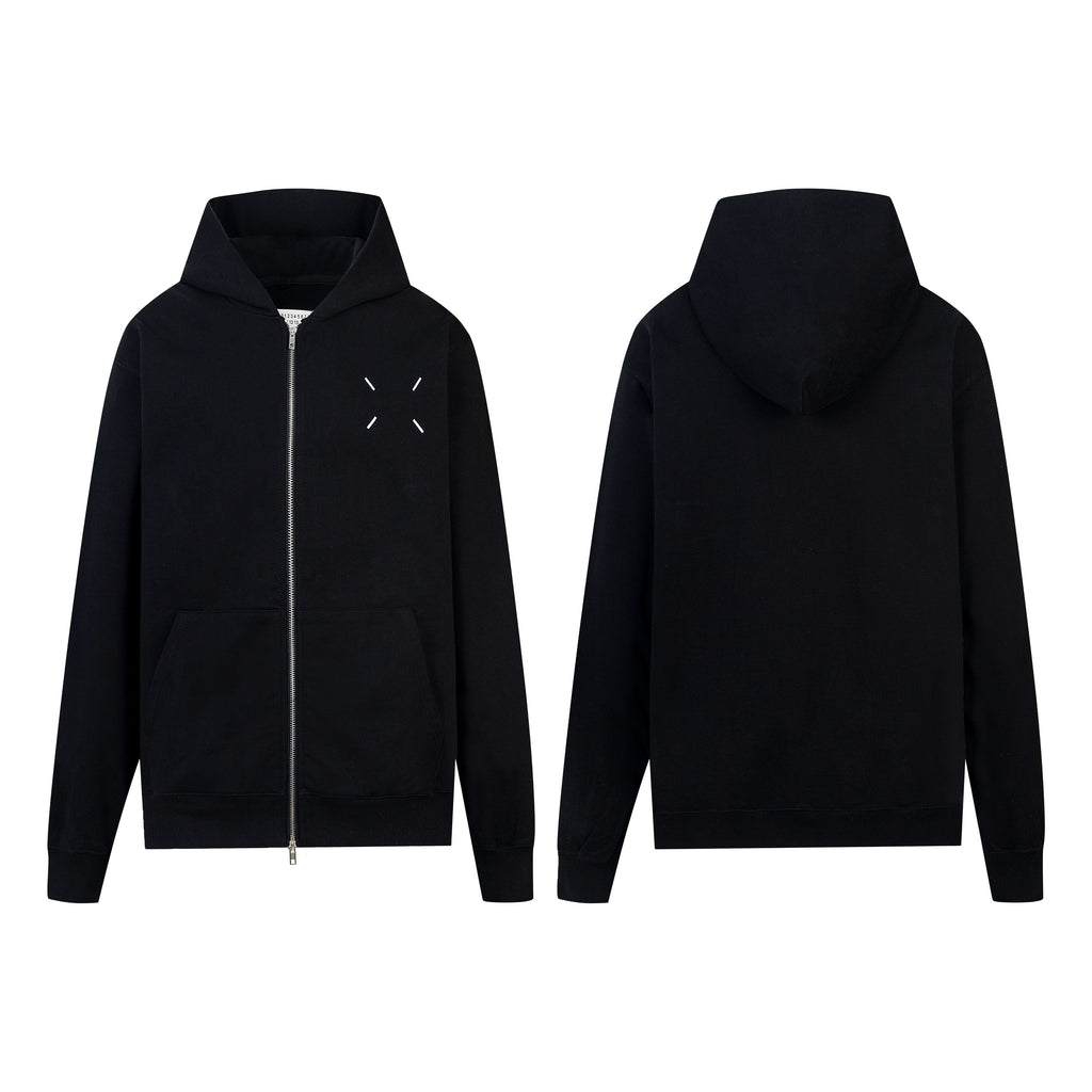 Black zip-up hoodie with hood and front zipper; front and back views