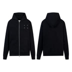 Black zip-up hoodie with hood and front zipper; front and back views