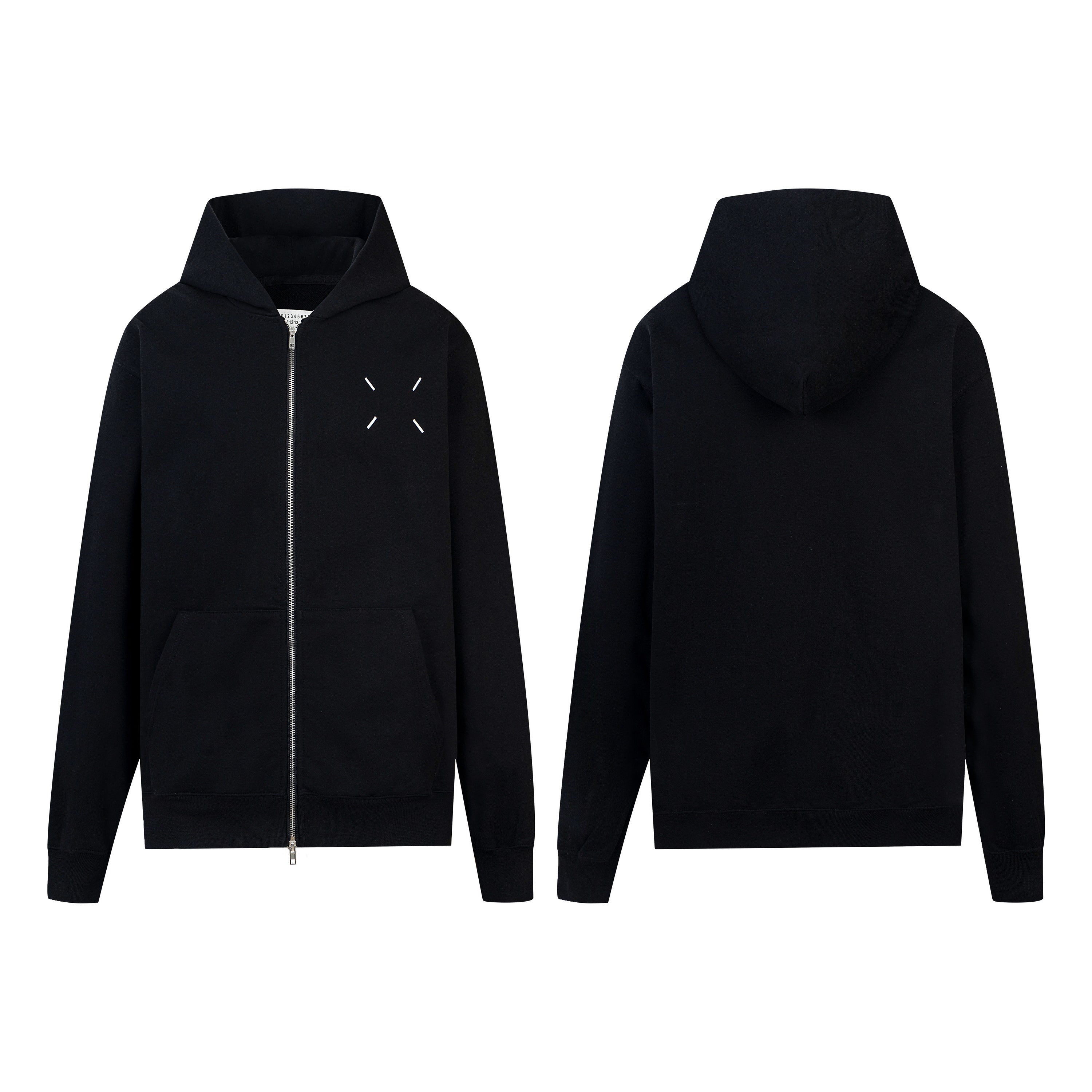 Black zip-up hoodie with hood and front zipper; front and back views
