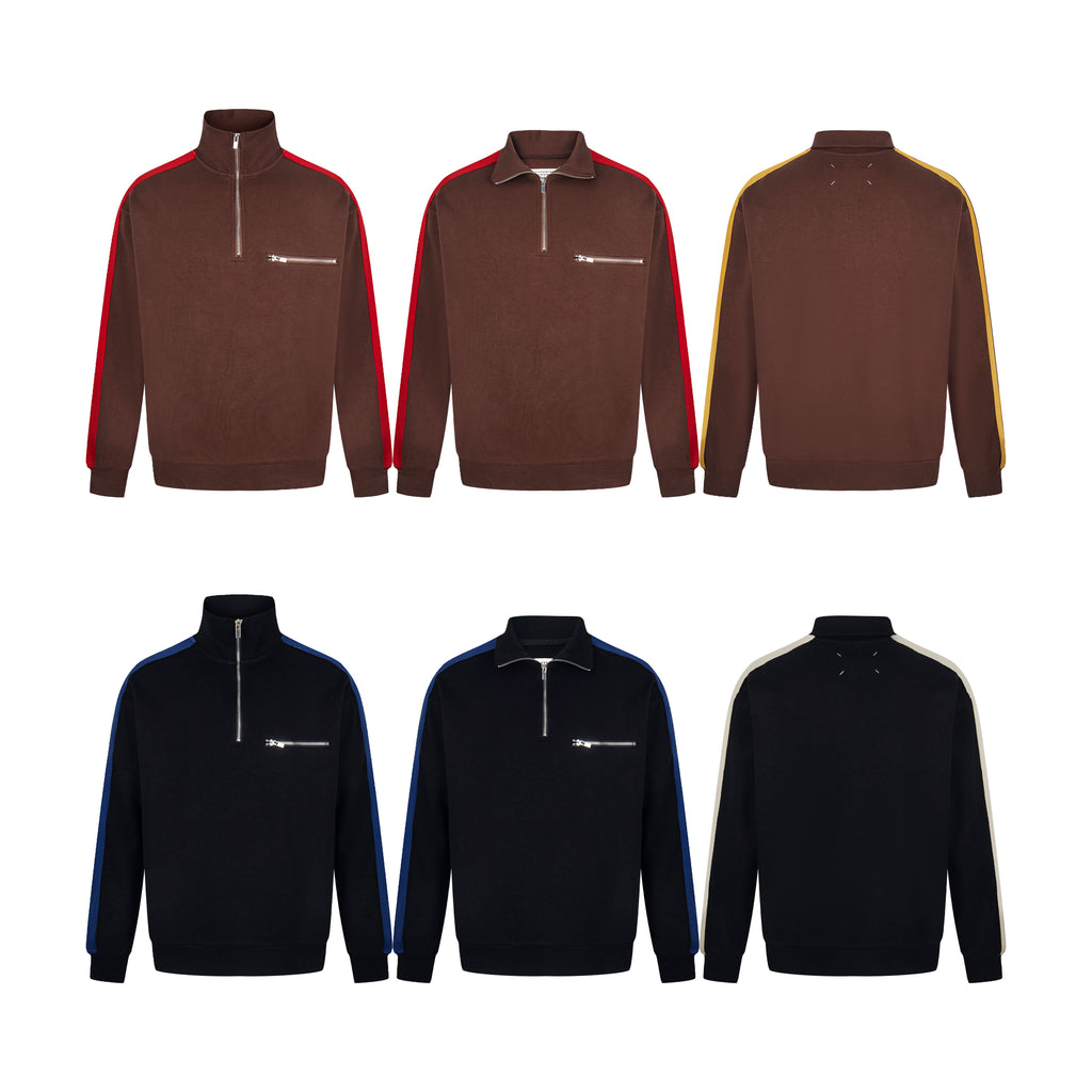 Brown and black quarter-zip pullovers, front and back views