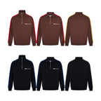 Brown and black quarter-zip pullovers, front and back views