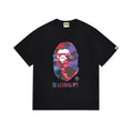 Black BAPE T-shirt with colorful camo ape graphic and logo on front