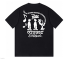 Black T-shirt with large back graphic, music notes and “STUSSY Worldwide” text