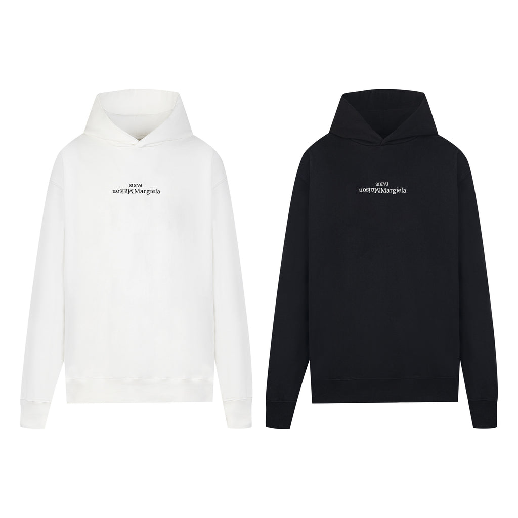Pullover hoodie in white and black, with drawstring hood and long sleeves