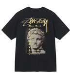 Stussy graphic T-shirt, black with gold city text portrait print