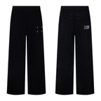 Black wide-leg trousers front and back, 34/14 logo detail