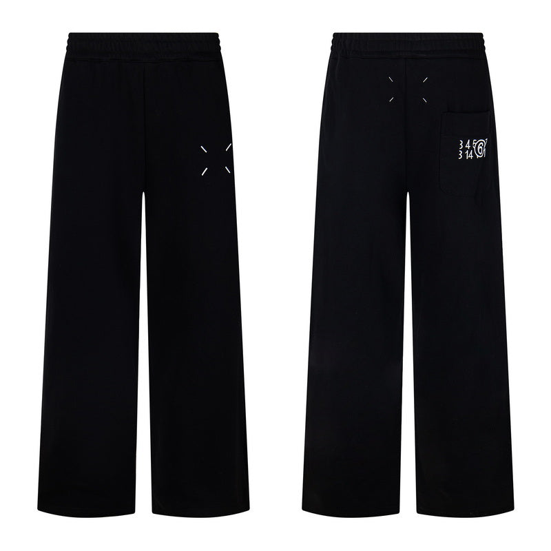 Black wide-leg trousers front and back, 34/14 logo detail