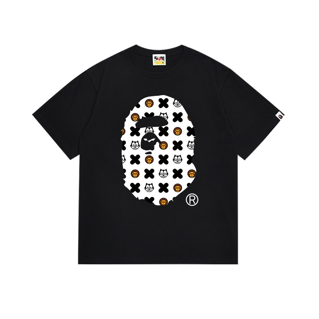 Black Bape T-shirt with colorful circular camo-style graphic front