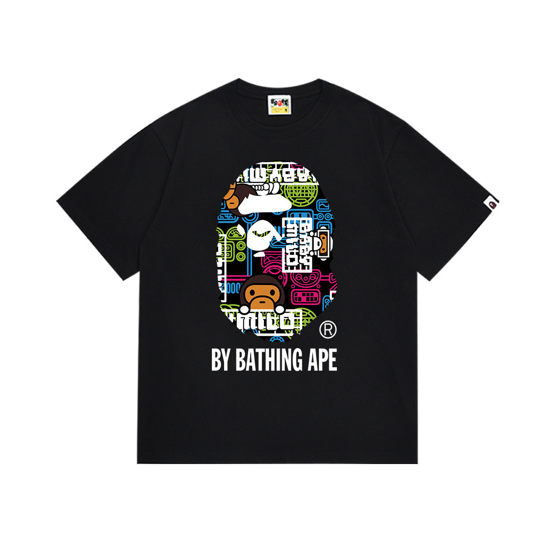 Black t-shirt with multicolor face graphic and BY BATHING APE text