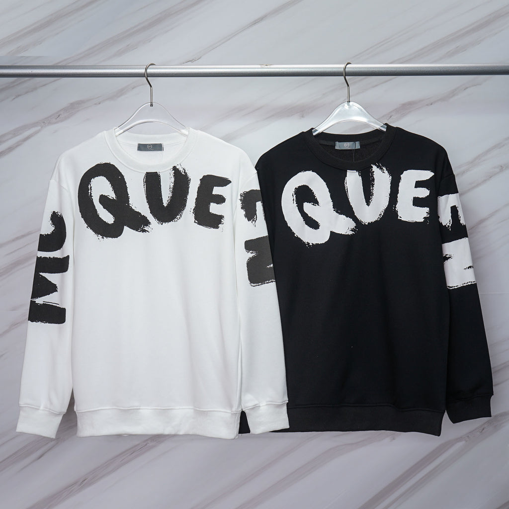 Pair of Alexander McQueen logo sweatshirts, white and black with bold lettering
