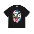 Bape black graphic T-shirt with multicolor camo ape face print