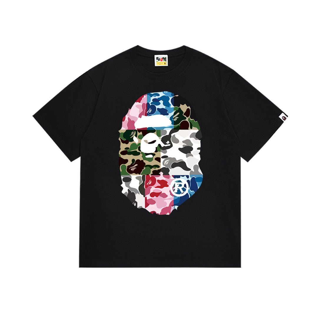 Bape black graphic T-shirt with multicolor camo ape face print