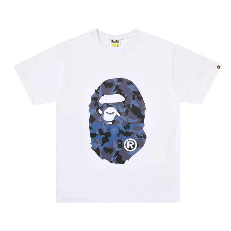 White Bape graphic T-shirt with camo ape face and R patch
