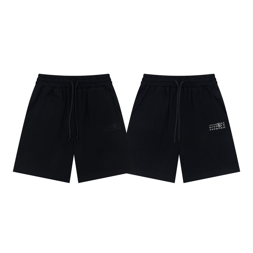 Black drawstring shorts with front and back views
