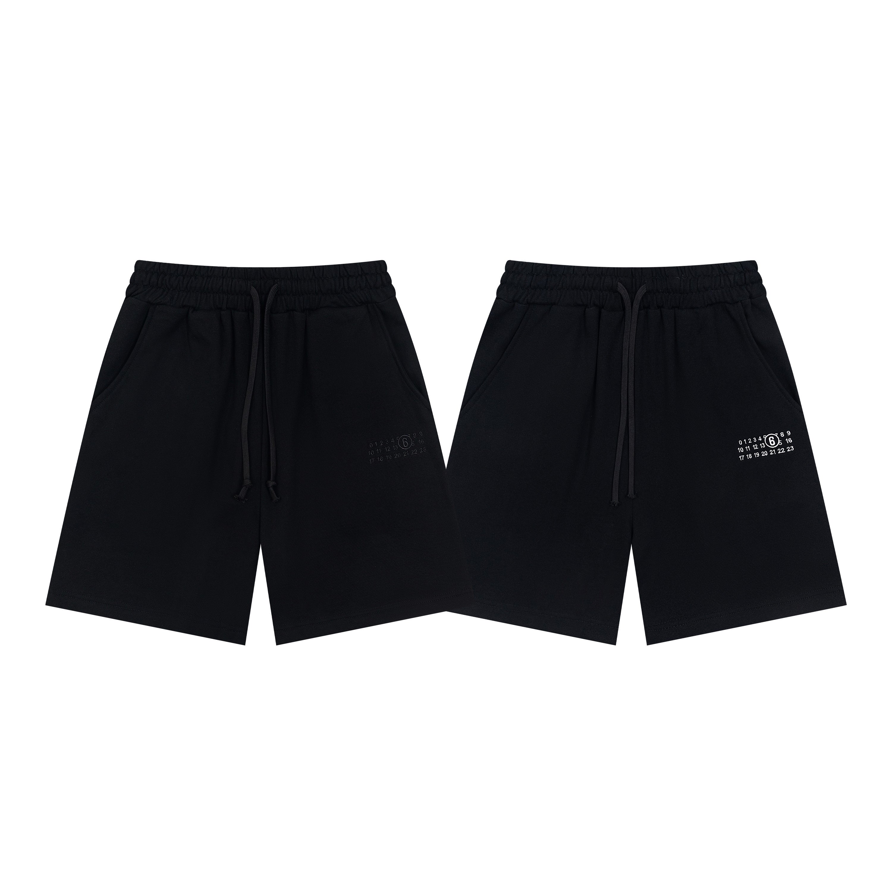 Black drawstring shorts with front and back views