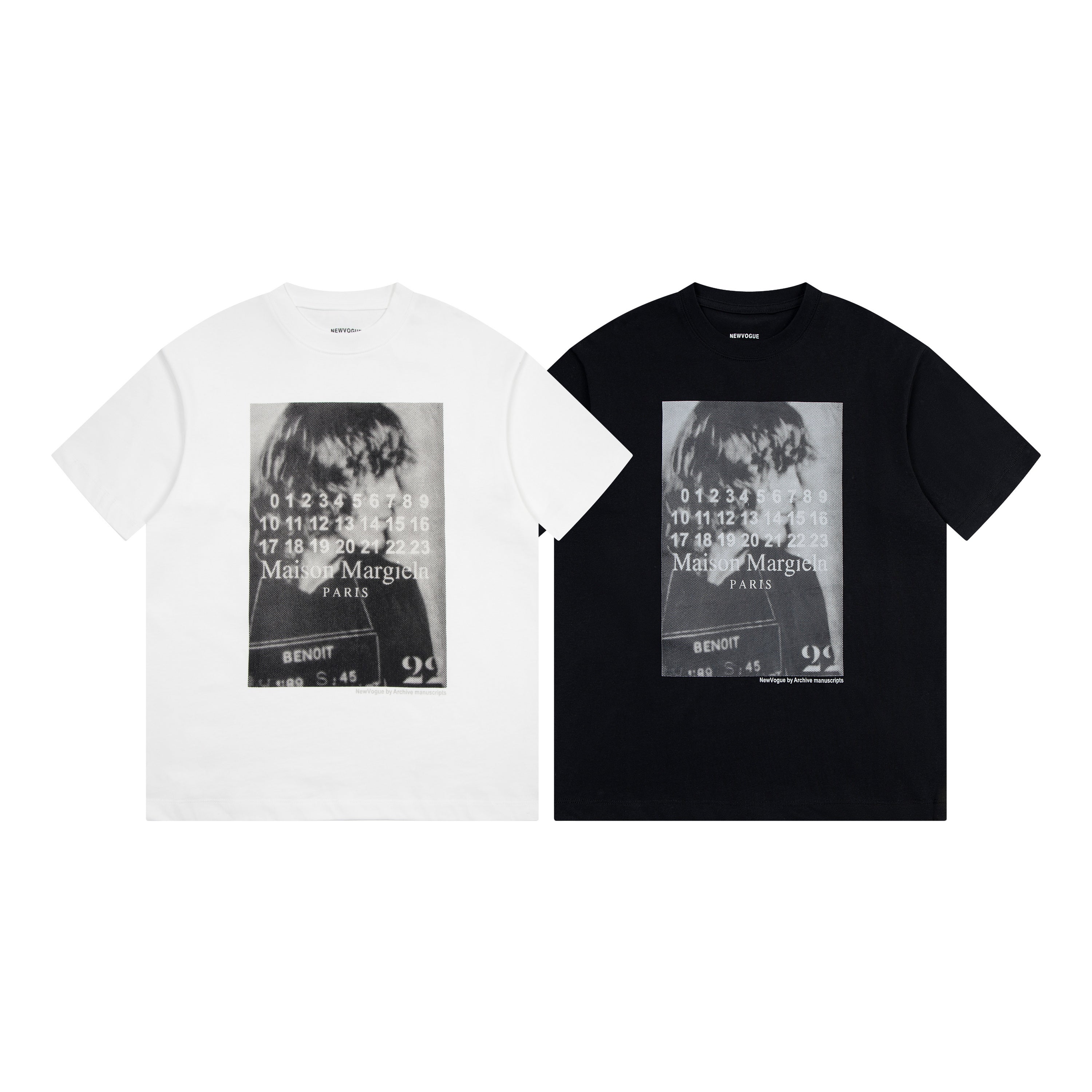 Two T-shirts, white and black, with square graphic print and Maison Margiela