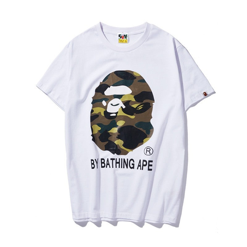 White T-shirt with camouflage ape face and BY BATHING APE logo