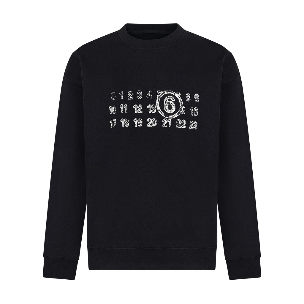 Black crewneck sweatshirt with numbers and '6' graphic print