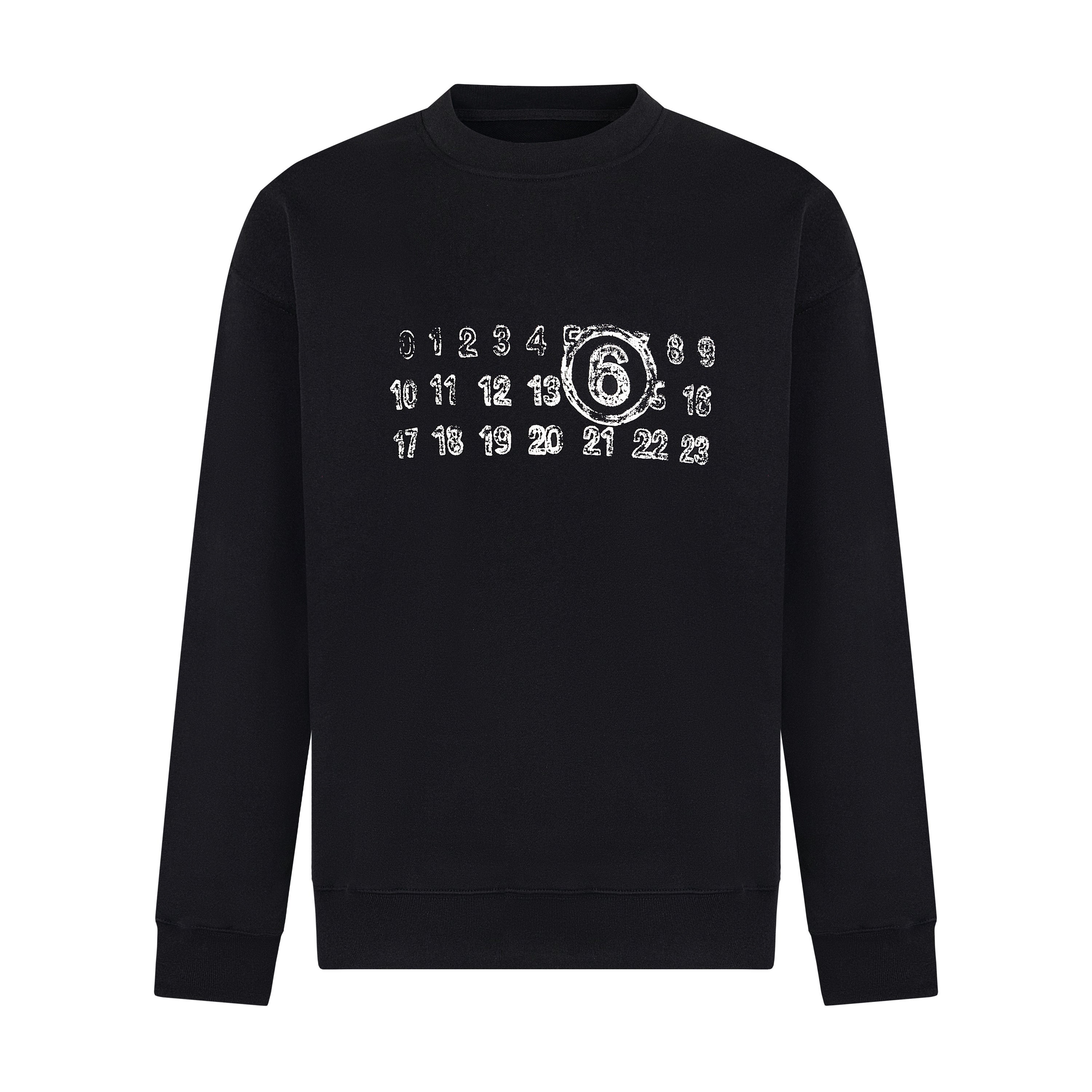 Black crewneck sweatshirt with numbers and '6' graphic print
