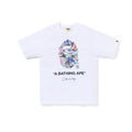 Bape white T-shirt with colorful camo ape graphic and A BATHING APE logo