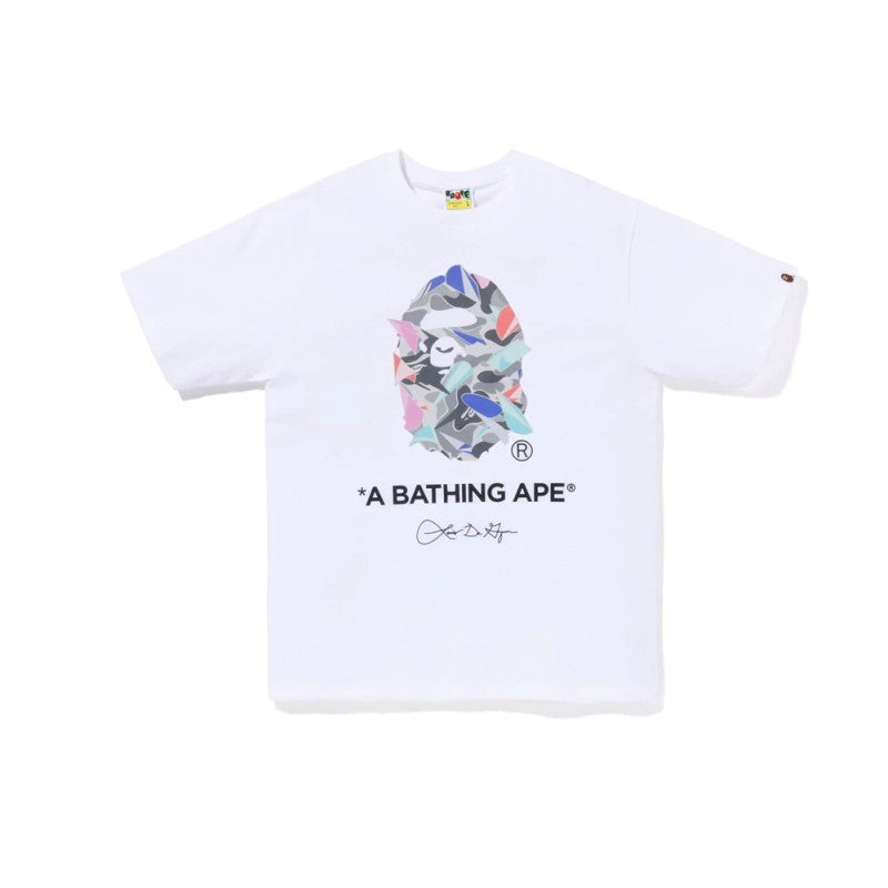 Bape white T-shirt with colorful camo ape graphic and A BATHING APE logo