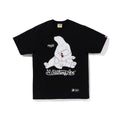 Black T-shirt with white cartoon bear graphic and logo print