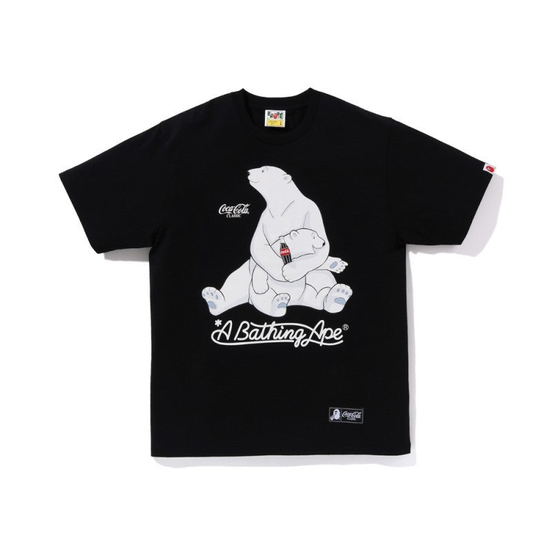 Black T-shirt with white cartoon bear graphic and logo print