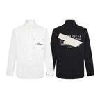 White and black button-up shirts with Maison Margiela front and back graphics