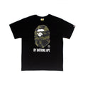 Black short-sleeve T-shirt with camo ape face graphic and BY BATHING APE print
