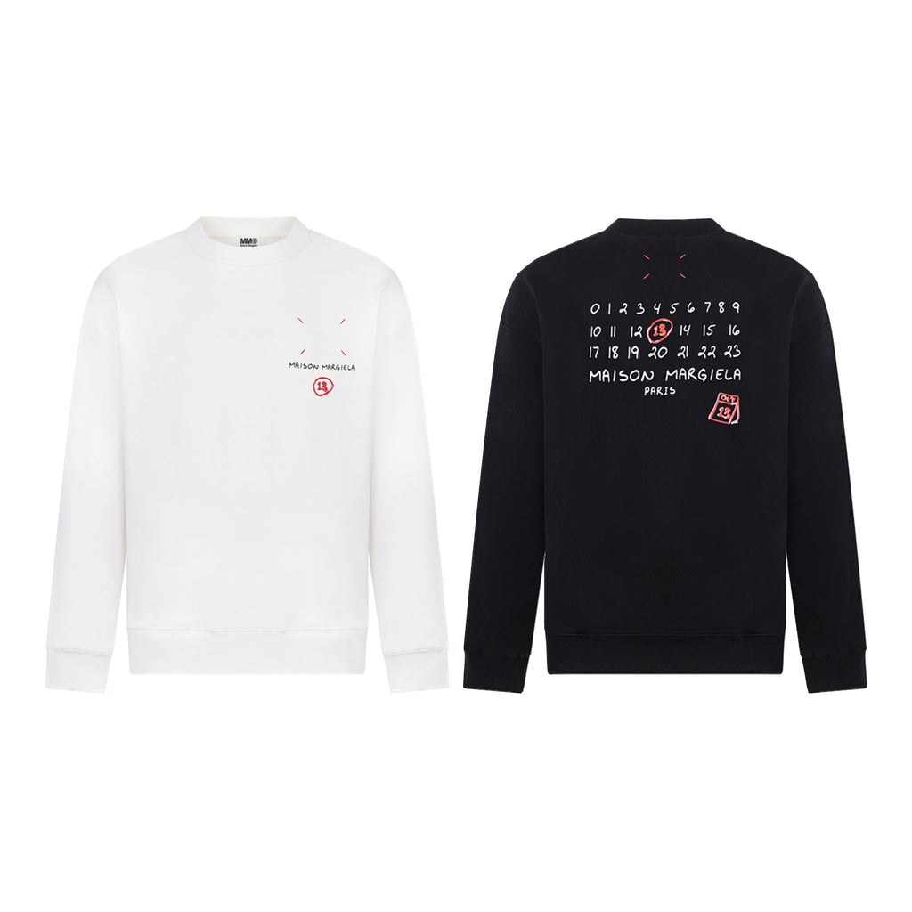 White and black crewneck sweatshirts with front and back graphic prints