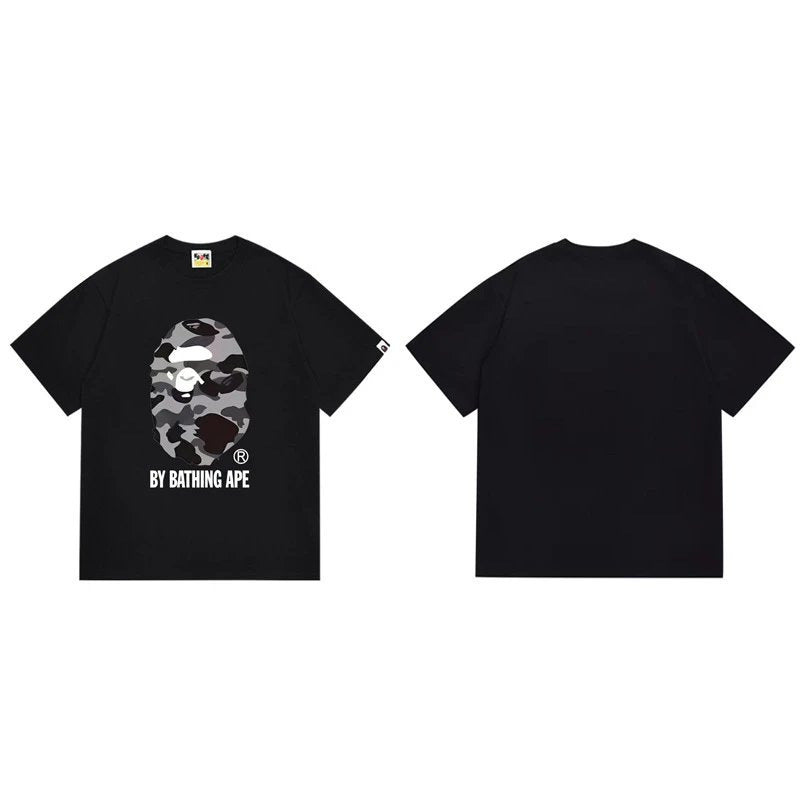 Black Bape T-shirt with camo ape graphic and BY BATHING APE print