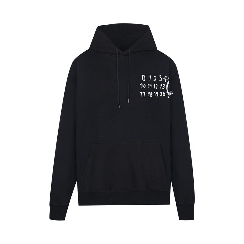 Black pullover hoodie with drawstring hood and front number graphic