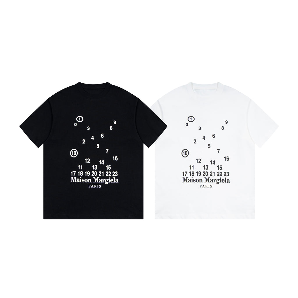 Set of black and white T-shirts with number circle graphic and Maison Margiela PARIS