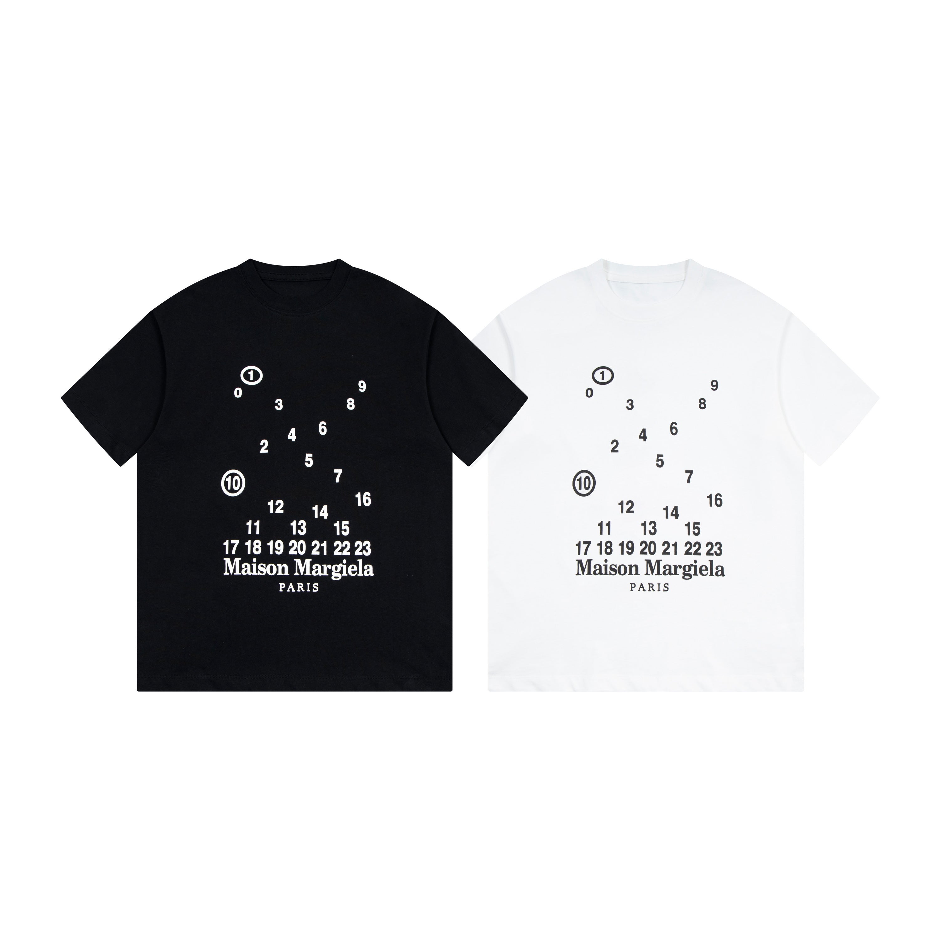 Set of black and white T-shirts with number circle graphic and Maison Margiela PARIS