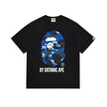 Black Bape T-shirt with blue camo ape graphic and 'BY BATHING APE' text