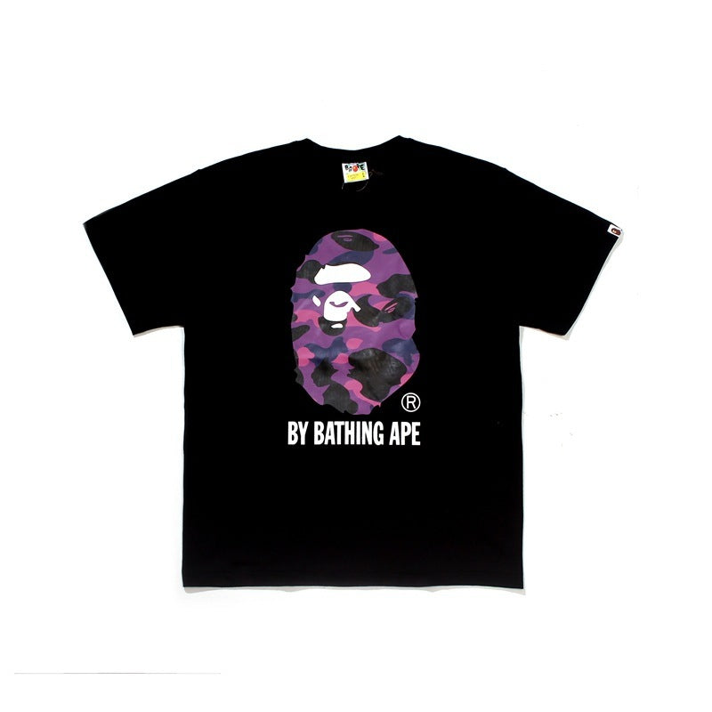Black T-shirt with purple camouflage ape face and BY BATHING APE print
