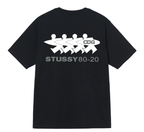 Stussy T-shirt, black crewneck with graphic print and 'STUSSY 80-20' text
