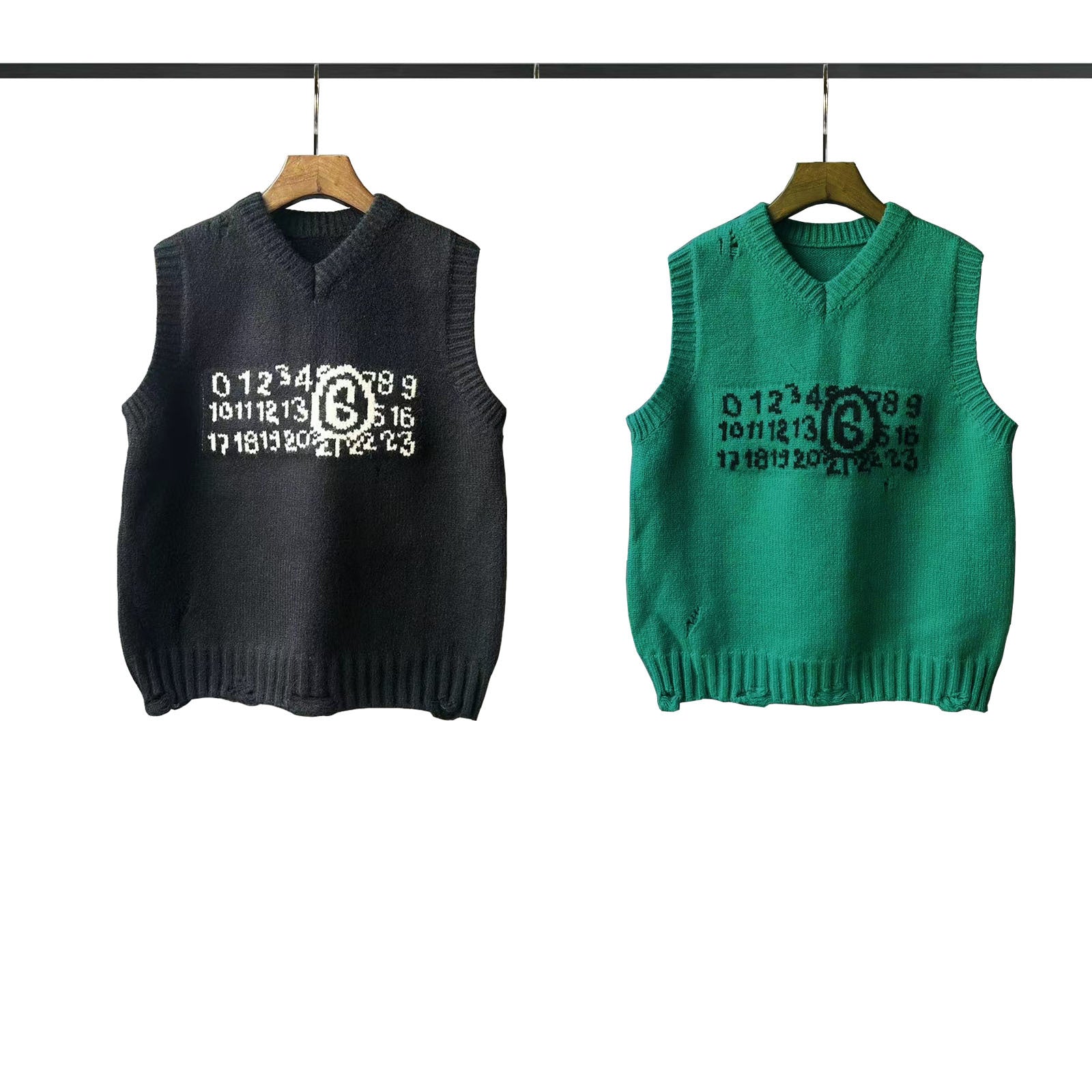 Two sleeveless knit sweater vests with V-neck and graphic logo print, dark and green