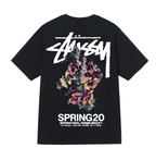 Black T-shirt with floral graphic, STUSSY logo and 'SPRING20' text