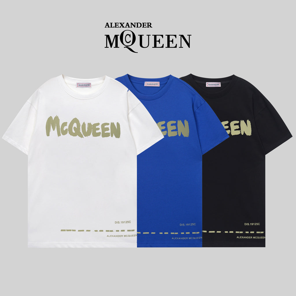 Three Alexander McQueen crewneck T-shirts: white, blue, and black with McQueen print