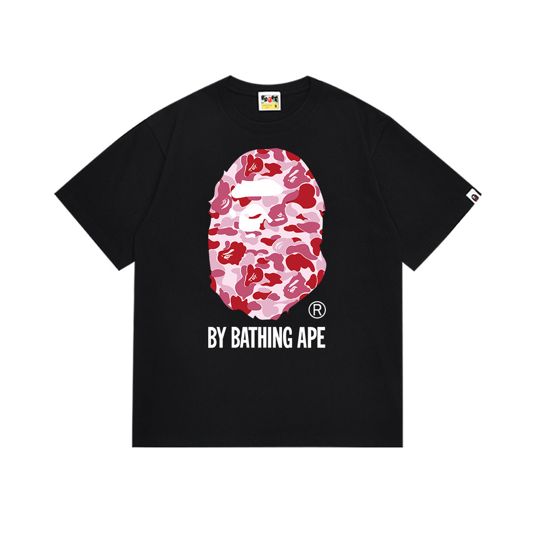 Black crew-neck graphic T-shirt with pink camo ape face and logo print