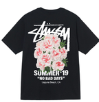 Black T-shirt with Stussy logo, pink flowers, 'SUMMER 19' print