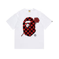 White short-sleeve T-shirt with Bape bear heart face graphic and red rose
