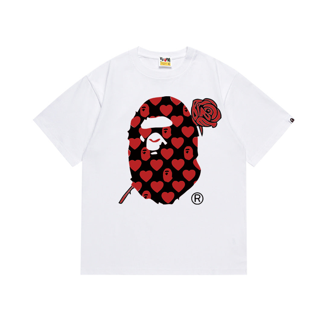 White short-sleeve T-shirt with Bape bear heart face graphic and red rose