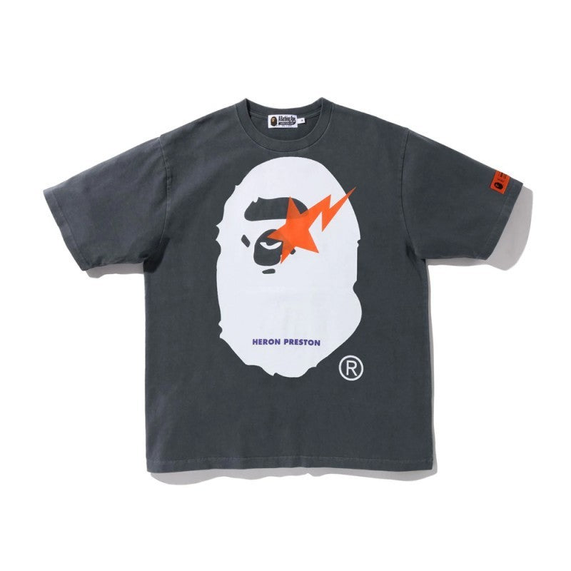 Black short-sleeve T-shirt with white animal face graphic and orange starburst