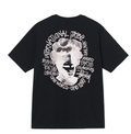 Black T-shirt with circular face graphic and multicolor word text